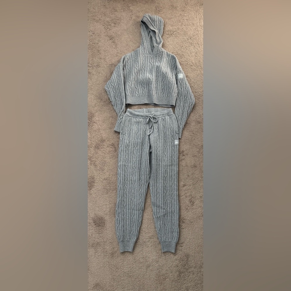 ALO Yoga Gray Cable Knit Hoodie and Jogger Set
